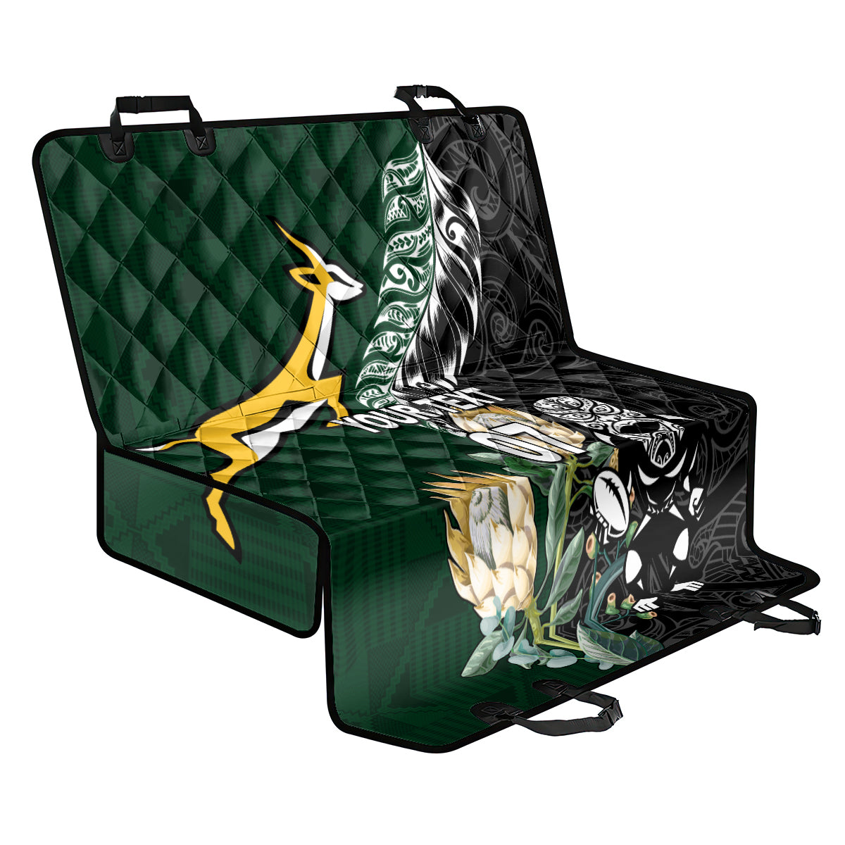 Custom South Africa Mix New Zealand Rugby 2023 Back Car Seat Cover World Cup Greatest Rivalry LT7 One Size Black Green - Polynesian Pride