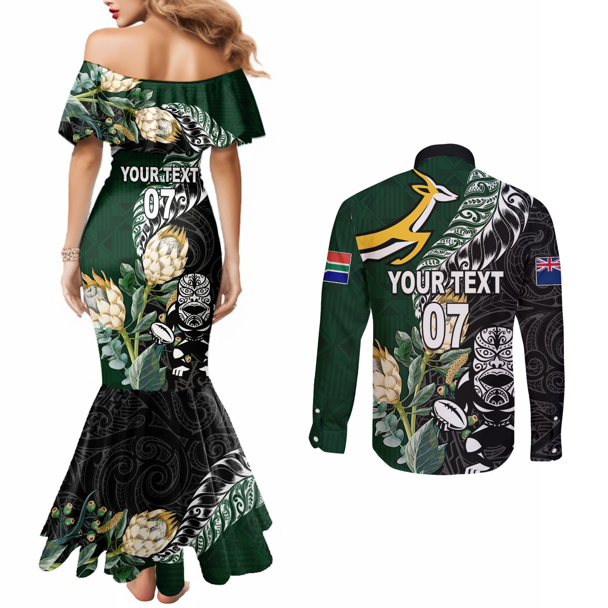 Custom South Africa Mix New Zealand Rugby 2023 Couples Matching Mermaid Dress and Long Sleeve Button Shirt World Cup Greatest Rivalry LT7 - Polynesian Pride
