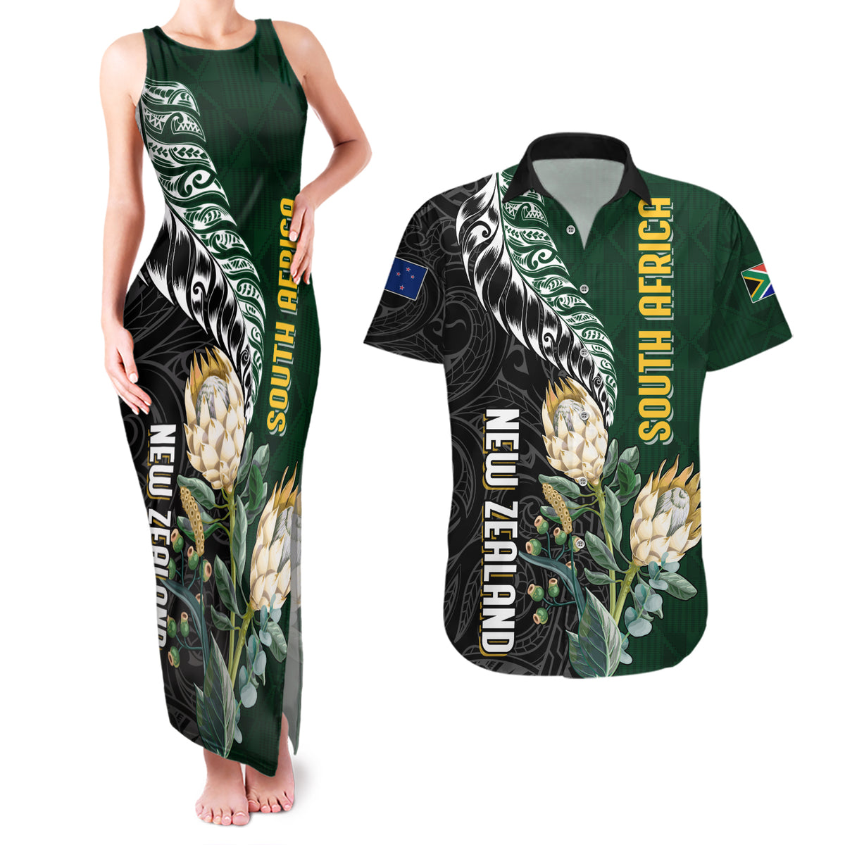 Custom South Africa Mix New Zealand Rugby 2023 Couples Matching Tank Maxi Dress and Hawaiian Shirt World Cup Greatest Rivalry LT7 Black Green - Polynesian Pride
