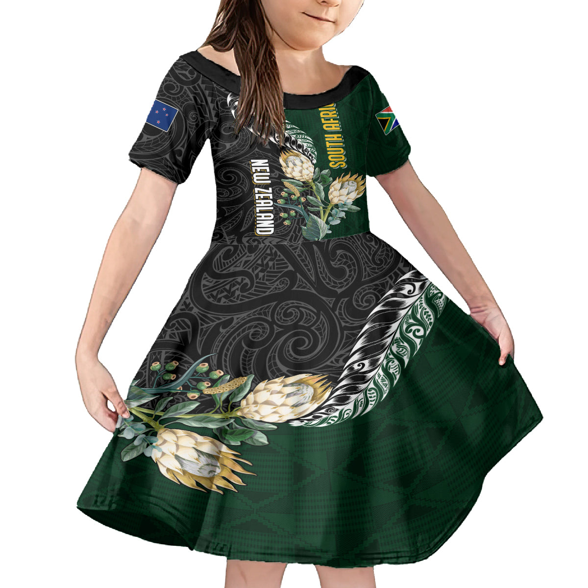 Custom South Africa Mix New Zealand Rugby 2023 Family Matching Long Sleeve Bodycon Dress and Hawaiian Shirt World Cup Greatest Rivalry LT7 Daughter's Dress Black Green - Polynesian Pride