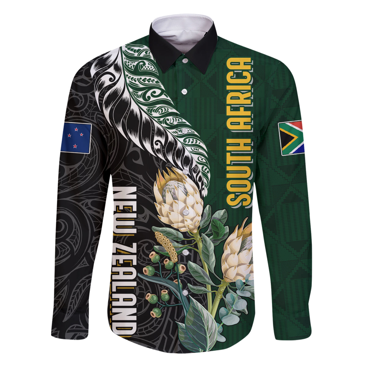 Custom South Africa Mix New Zealand Rugby 2023 Family Matching Off Shoulder Maxi Dress and Hawaiian Shirt World Cup Greatest Rivalry LT7 Dad's Shirt - Long Sleeve Black Green - Polynesian Pride