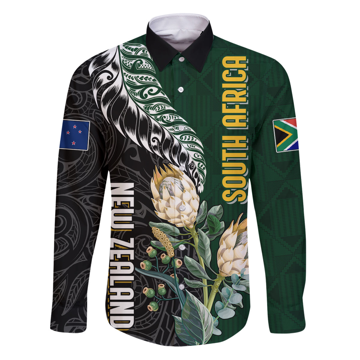 Custom South Africa Mix New Zealand Rugby 2023 Family Matching Puletasi Dress and Hawaiian Shirt World Cup Greatest Rivalry LT7 Dad's Shirt - Long Sleeve Black Green - Polynesian Pride