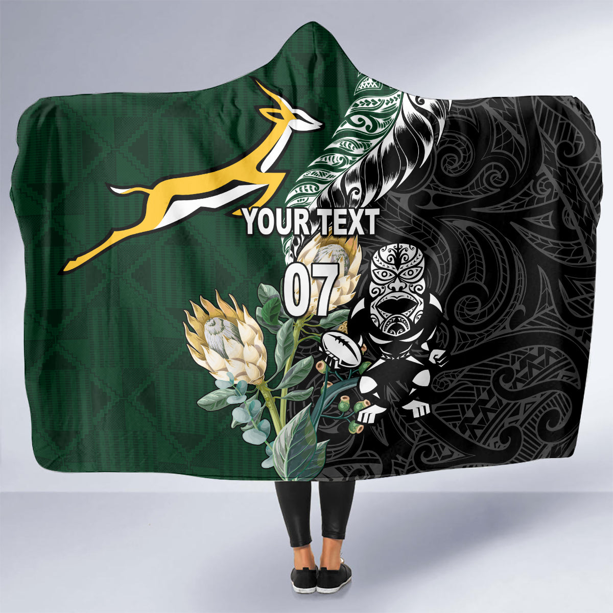 Custom South Africa Mix New Zealand Rugby 2023 Hooded Blanket World Cup Greatest Rivalry LT7 - Polynesian Pride