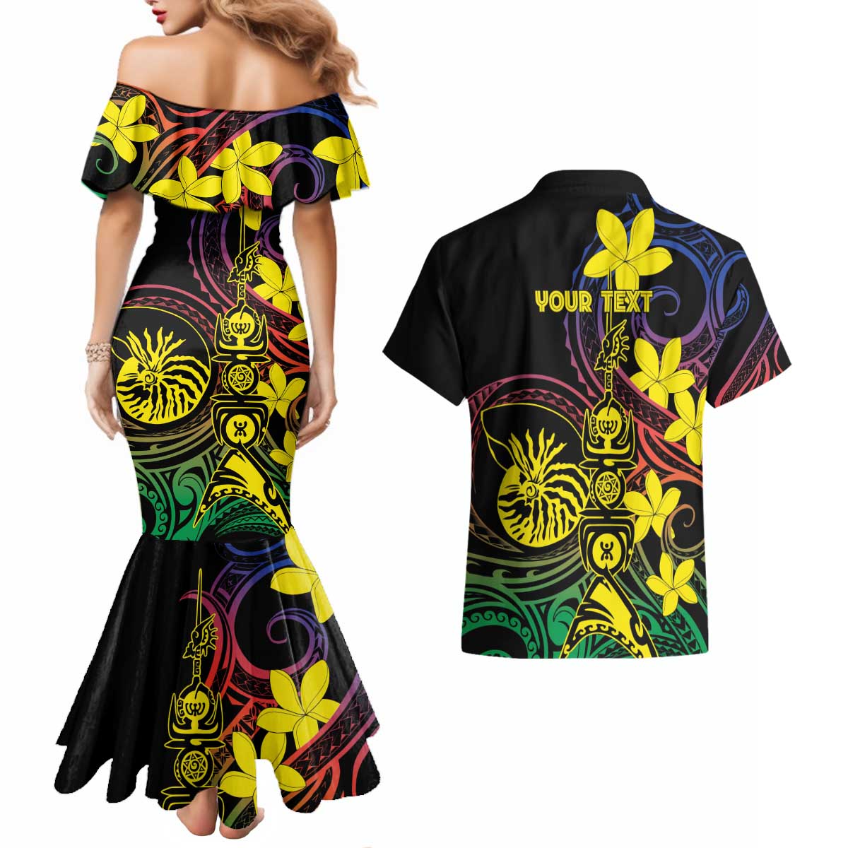 New Caledonia Kanaky Personalized Couples Matching Mermaid Dress and Hawaiian Shirt Fleche Faitiere - Plumeria