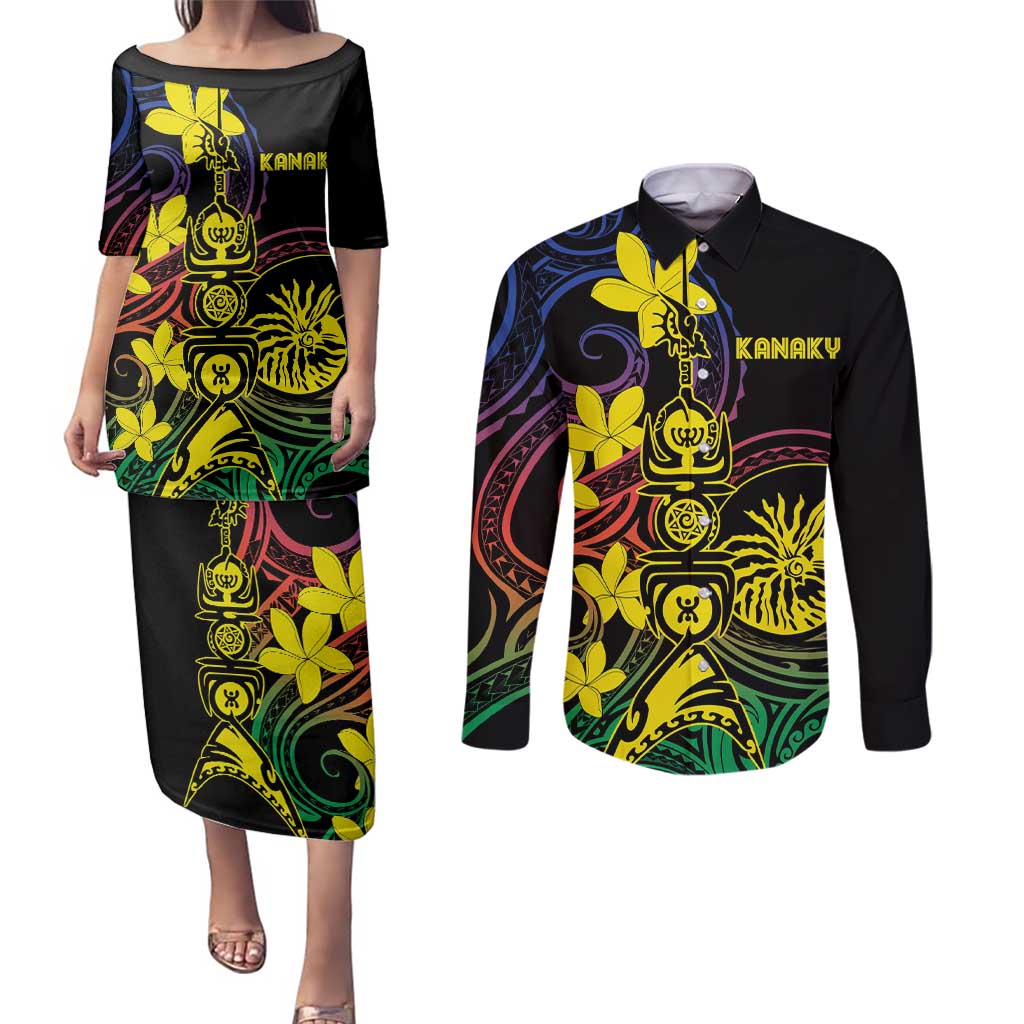 New Caledonia Kanaky Personalized Couples Matching Puletasi and Long Sleeve Button Shirt Fleche Faitiere - Plumeria LT7 Colorful - Polynesian Pride