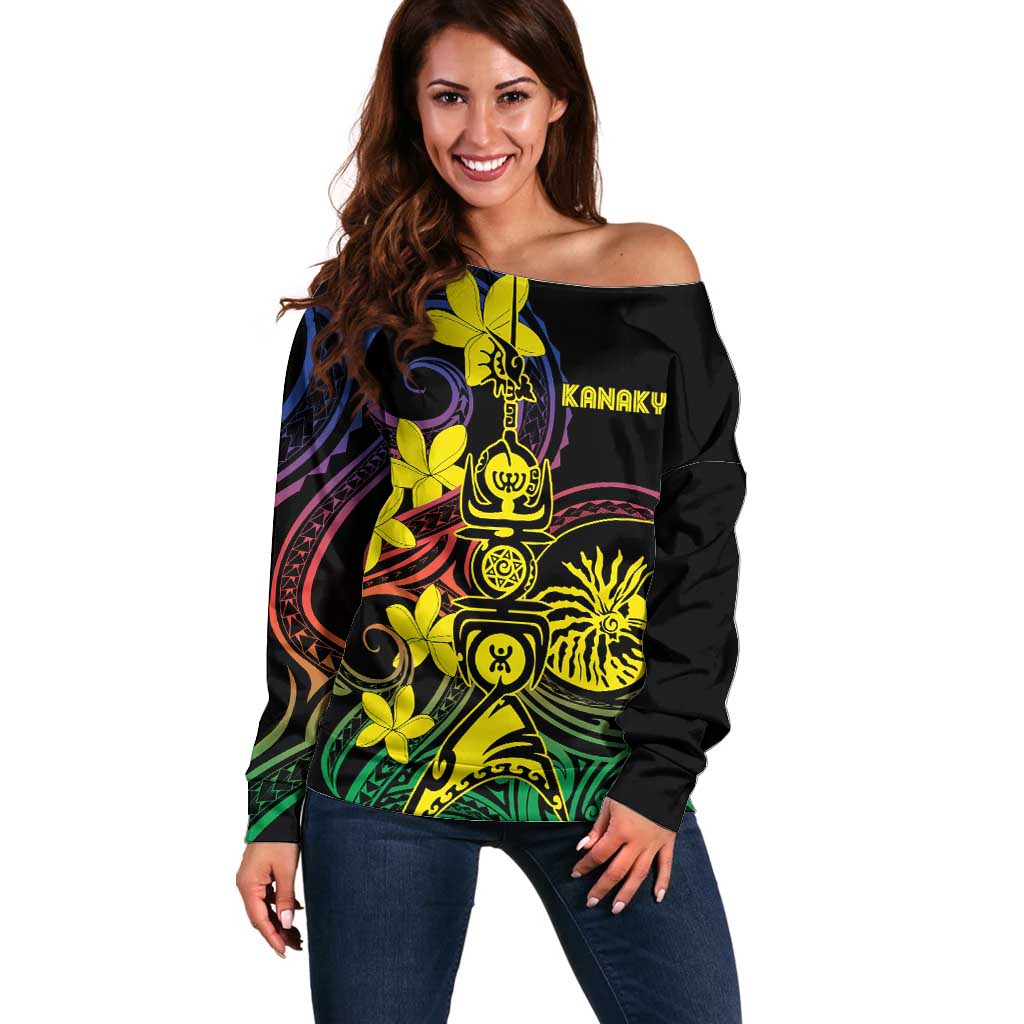 New Caledonia Kanaky Personalized Off Shoulder Sweater Fleche Faitiere - Plumeria LT7 Women Colorful - Polynesian Pride