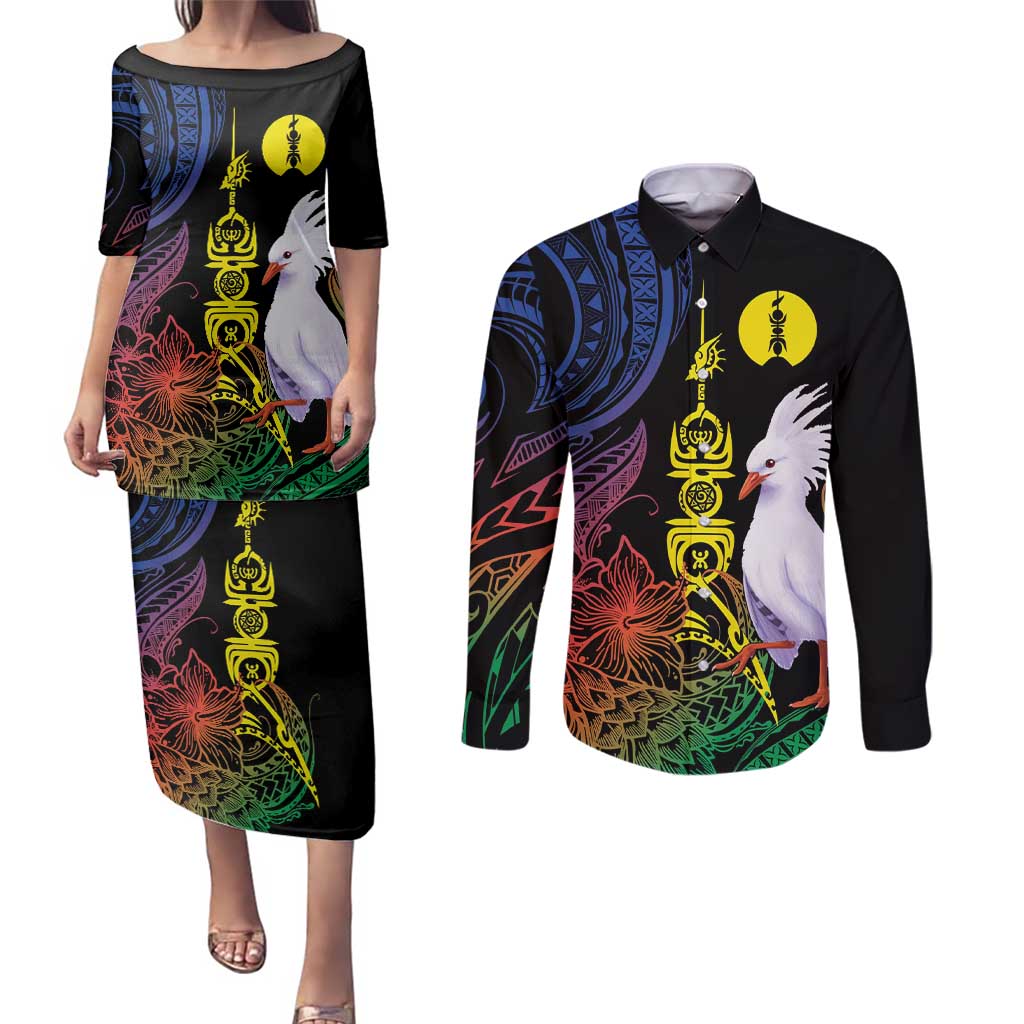 New Caledonia Kanaky Personalized Couples Matching Puletasi and Long Sleeve Button Shirt Fleche Faitiere Mix Kagu LT7 Colorful - Polynesian Pride