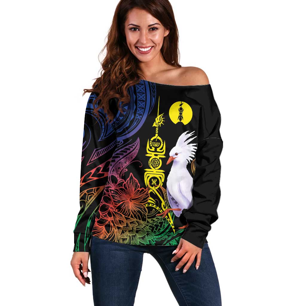New Caledonia Kanaky Personalized Off Shoulder Sweater Fleche Faitiere Mix Kagu LT7 Women Colorful - Polynesian Pride