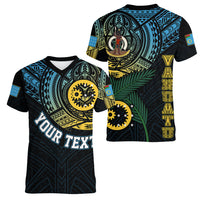 Personalised Vanuatu Women V Neck T Shirt Turtle Chest Tattoo Flag Color - Sanma LT7 Female Black - Polynesian Pride