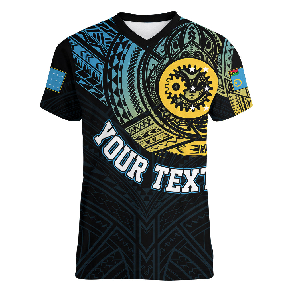 Personalised Vanuatu Women V Neck T Shirt Turtle Chest Tattoo Flag Color - Sanma LT7 - Polynesian Pride