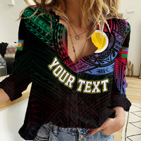 Personalised Vanuatu Women Casual Shirt Turtle Chest Tattoo Flag Color - Shefa LT7 Female Black - Polynesian Pride