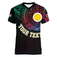 Personalised Vanuatu Women V Neck T Shirt Turtle Chest Tattoo Flag Color - Shefa LT7 - Polynesian Pride