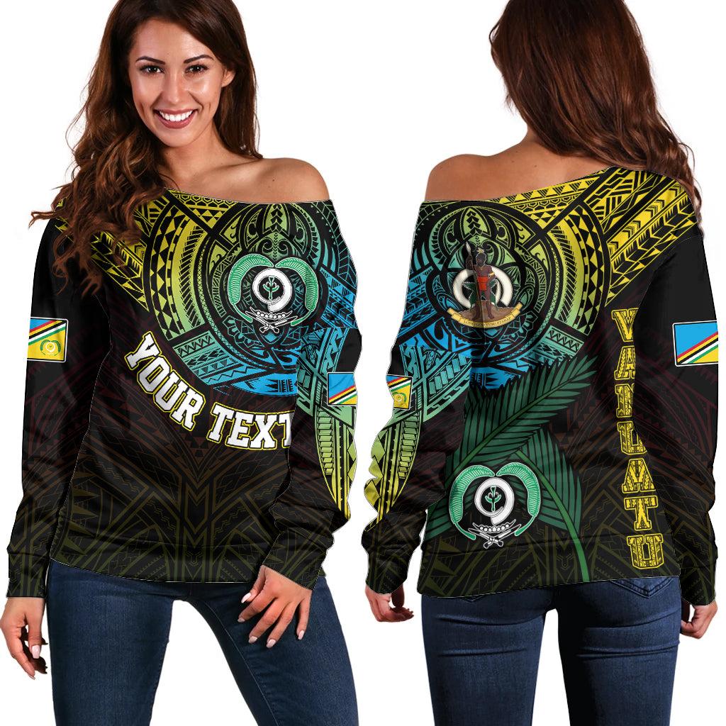 Personalised Vanuatu Off Shoulder Sweater Turtle Chest Tattoo Flag Color - Torba LT7 Women Black - Polynesian Pride