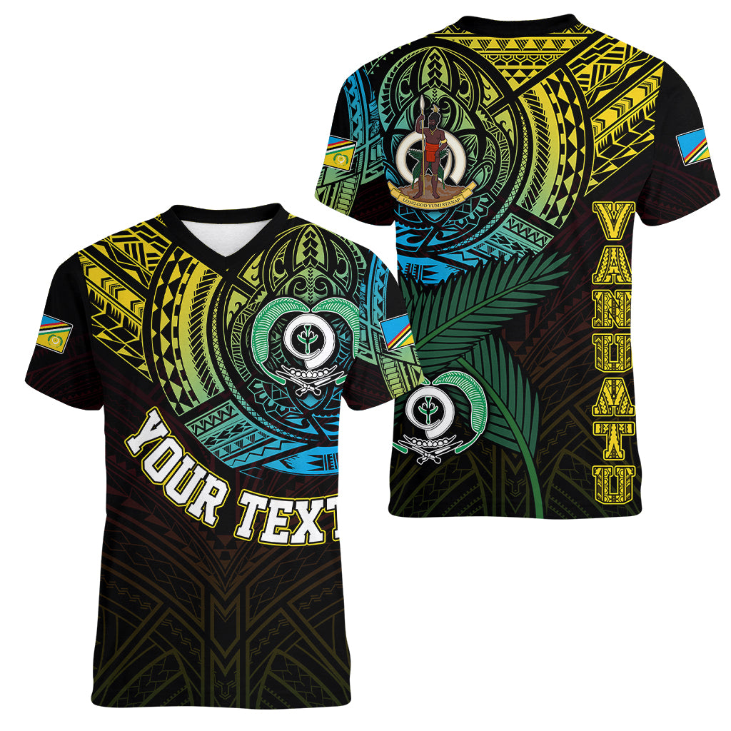 Personalised Vanuatu Women V Neck T Shirt Turtle Chest Tattoo Flag Color - Torba LT7 Female Black - Polynesian Pride