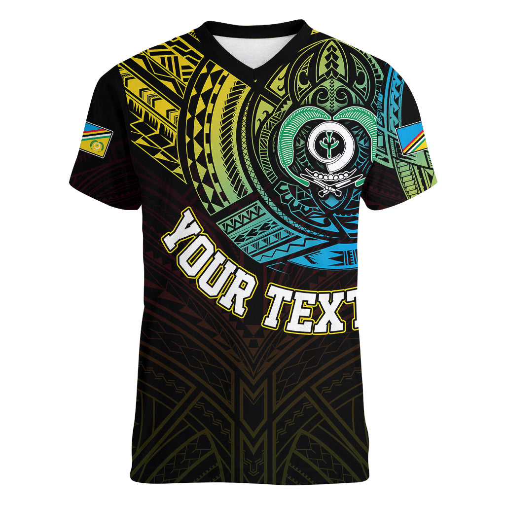 Personalised Vanuatu Women V Neck T Shirt Turtle Chest Tattoo Flag Color - Torba LT7 - Polynesian Pride