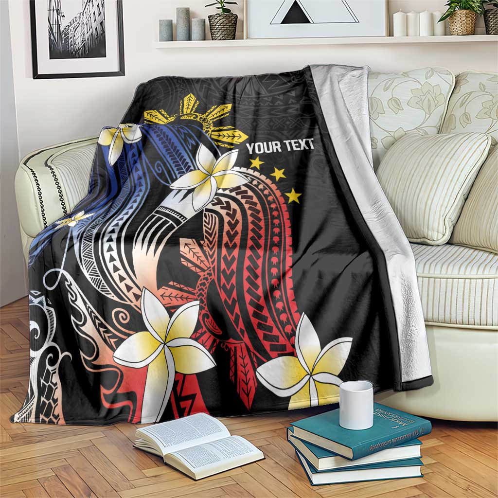 Personalized Philippines Tribal Blanket Tropical Waves - Plumeria LT7 Black - Polynesian Pride