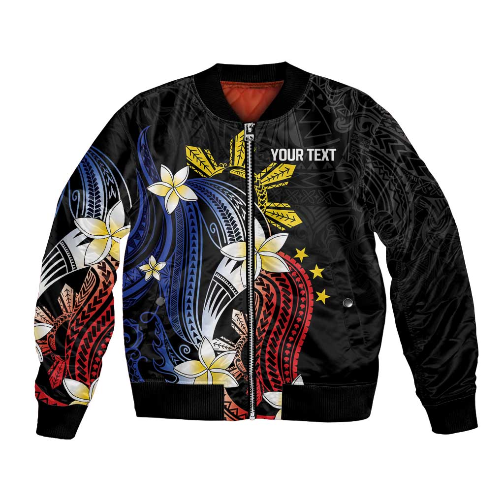 Personalized Philippines Tribal Bomber Jacket Tropical Waves - Plumeria LT7 Unisex Black - Polynesian Pride