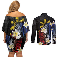 Personalized Philippines Tribal Couples Matching Off Shoulder Short Dress and Long Sleeve Button Shirt Tropical Waves - Plumeria