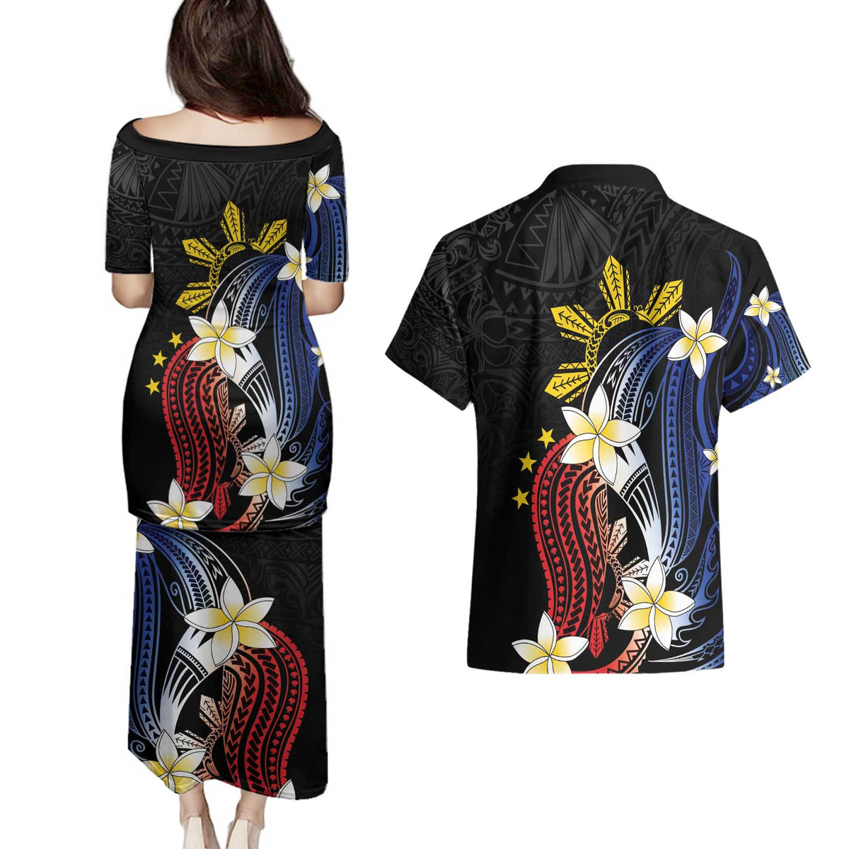 Personalized Philippines Tribal Couples Matching Puletasi and Hawaiian Shirt Tropical Waves - Plumeria