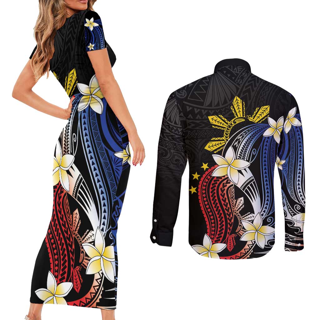 Personalized Philippines Tribal Couples Matching Short Sleeve Bodycon Dress and Long Sleeve Button Shirt Tropical Waves - Plumeria