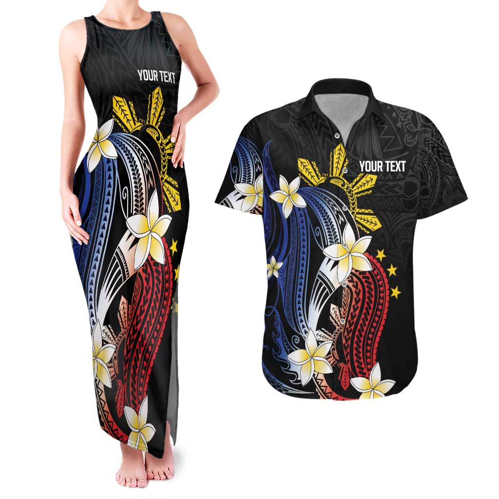 Personalized Philippines Tribal Couples Matching Tank Maxi Dress and Hawaiian Shirt Tropical Waves - Plumeria