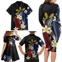 Personalized Philippines Tribal Family Matching Long Sleeve Bodycon Dress and Hawaiian Shirt Tropical Waves - Plumeria