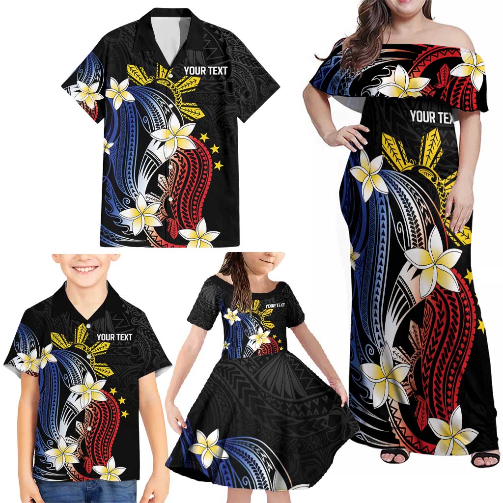 Personalized Philippines Tribal Family Matching Off Shoulder Maxi Dress and Hawaiian Shirt Tropical Waves - Plumeria