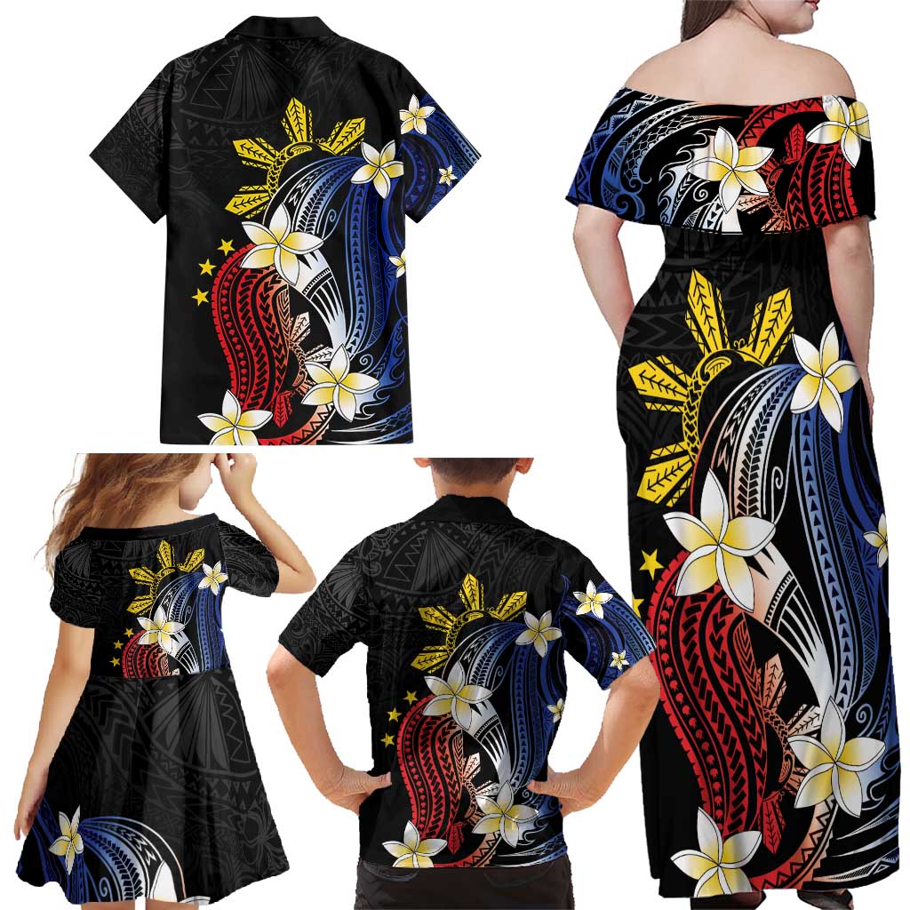 Personalized Philippines Tribal Family Matching Off Shoulder Maxi Dress and Hawaiian Shirt Tropical Waves - Plumeria