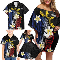 Personalized Philippines Tribal Family Matching Off Shoulder Short Dress and Hawaiian Shirt Tropical Waves - Plumeria