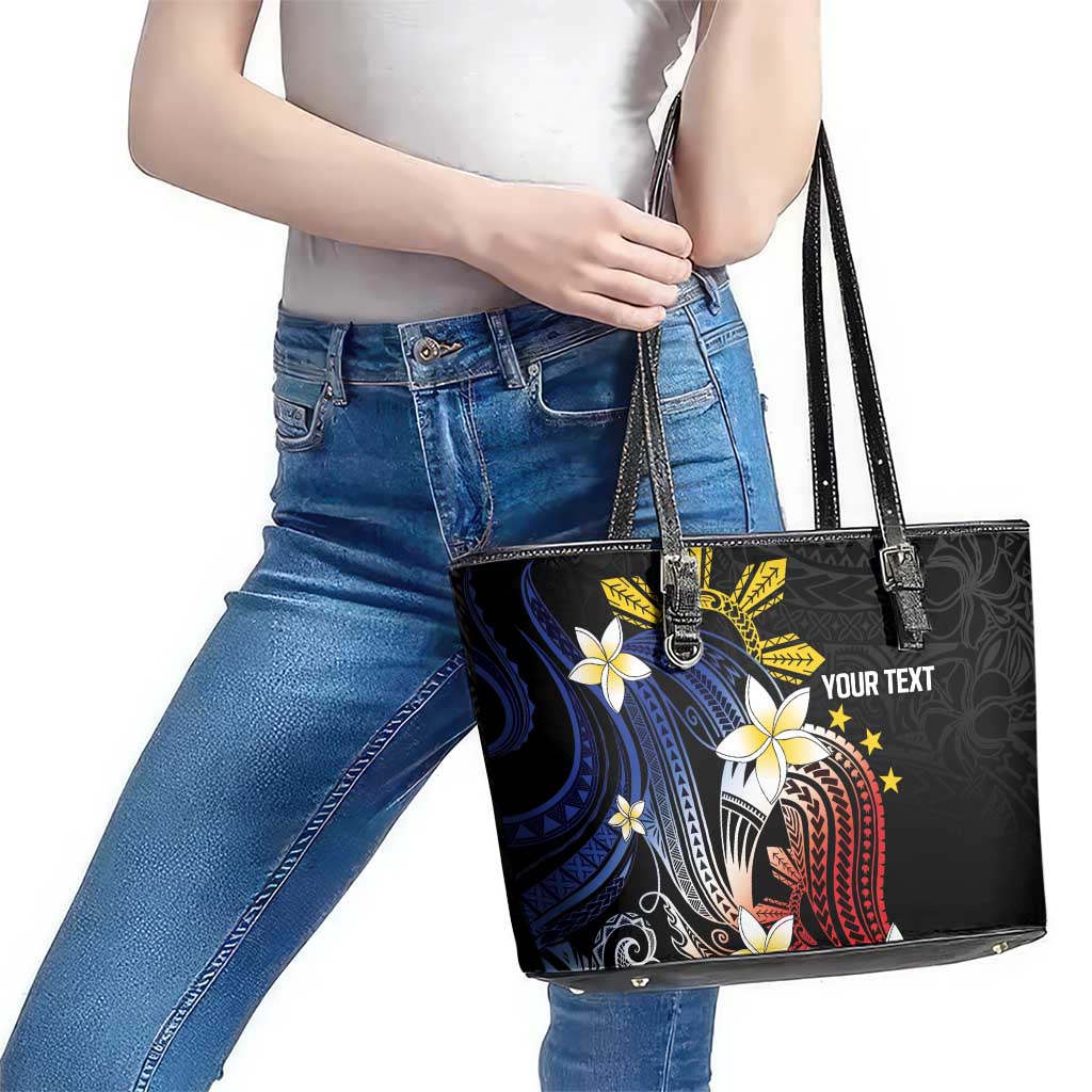 Personalized Philippines Tribal Leather Tote Bag Tropical Waves - Plumeria