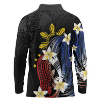 Personalized Philippines Tribal Long Sleeve Polo Shirt Tropical Waves - Plumeria