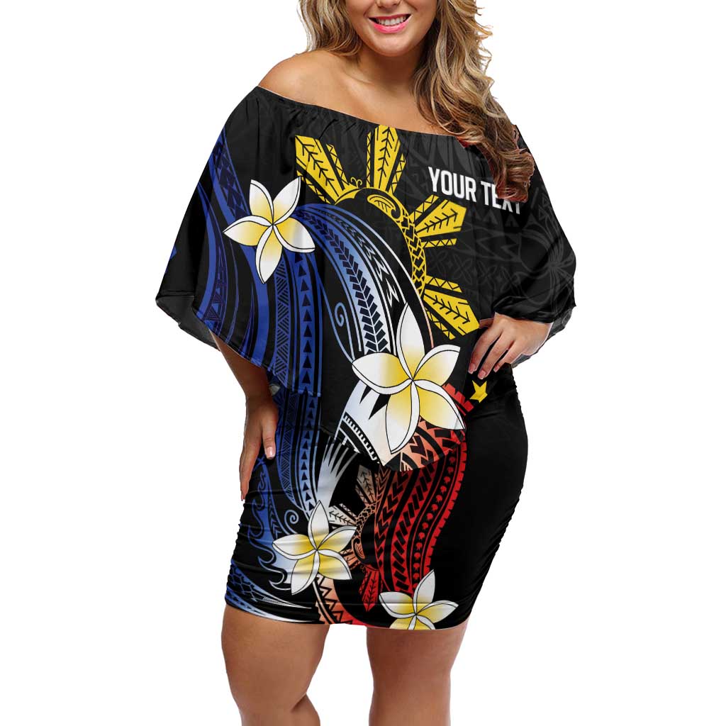 Personalized Philippines Tribal Off Shoulder Short Dress Tropical Waves - Plumeria