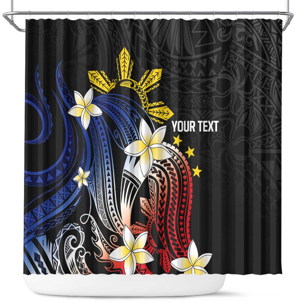 Personalized Philippines Tribal Shower Curtain Tropical Waves - Plumeria LT7 Black - Polynesian Pride