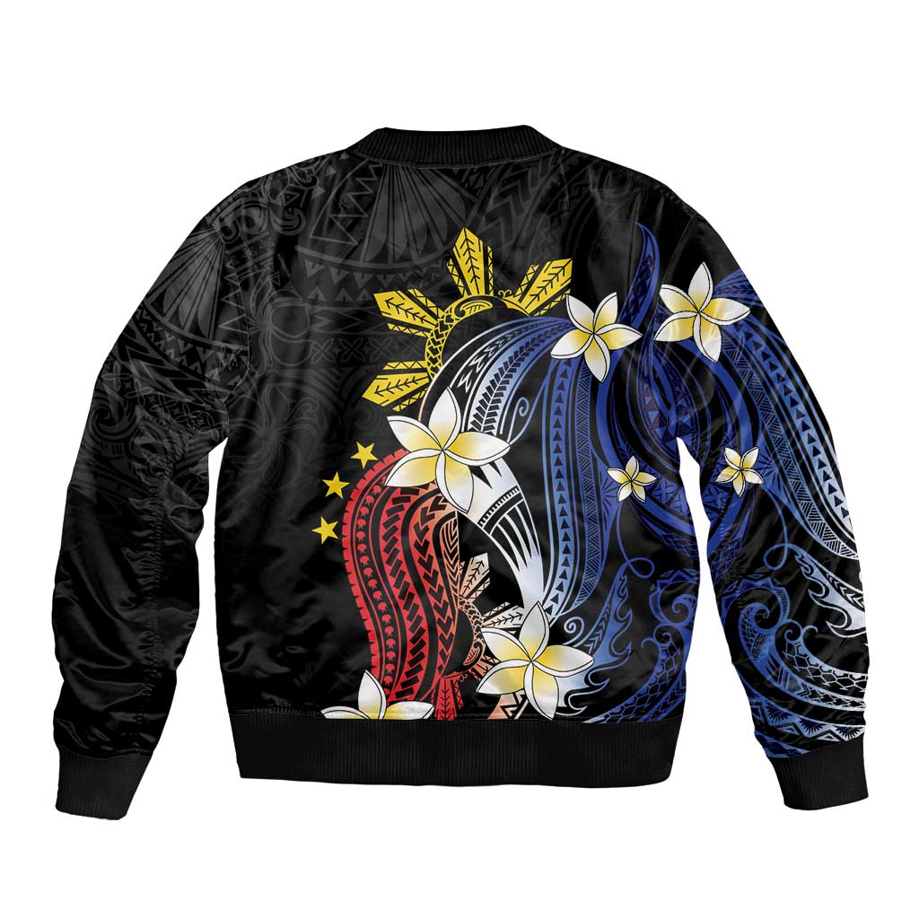 Personalized Philippines Tribal Sleeve Zip Bomber Jacket Tropical Waves - Plumeria LT7 - Polynesian Pride