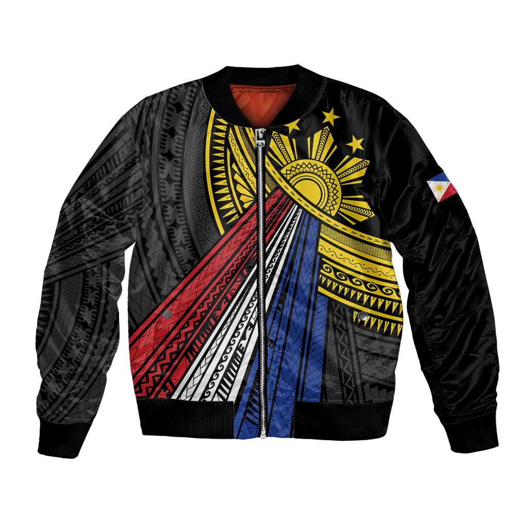 Philippines Sun Bomber Jacket Pasifika Tribal Style LT7 Unisex Black - Polynesian Pride