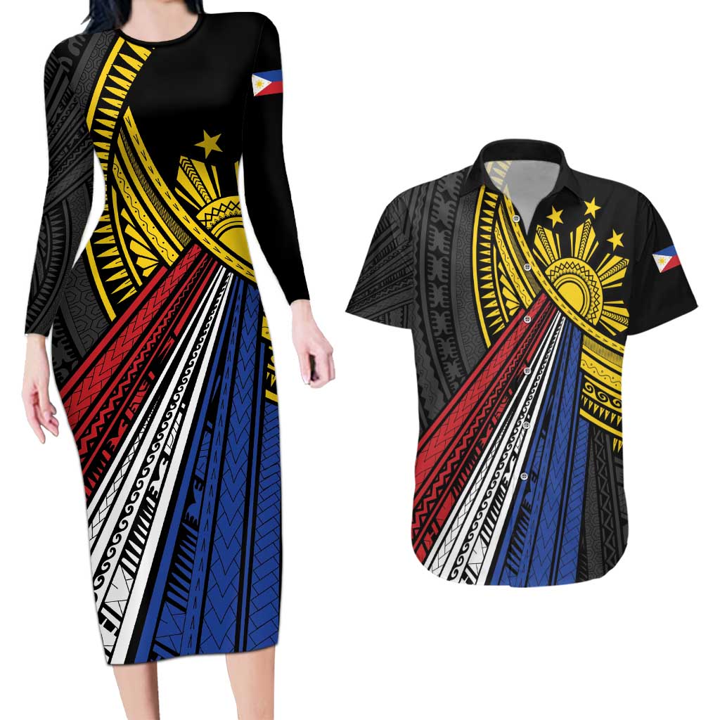 Philippines Sun Couples Matching Long Sleeve Bodycon Dress and Hawaiian Shirt Pasifika Tribal Style
