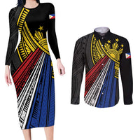 Philippines Sun Couples Matching Long Sleeve Bodycon Dress and Long Sleeve Button Shirt Pasifika Tribal Style