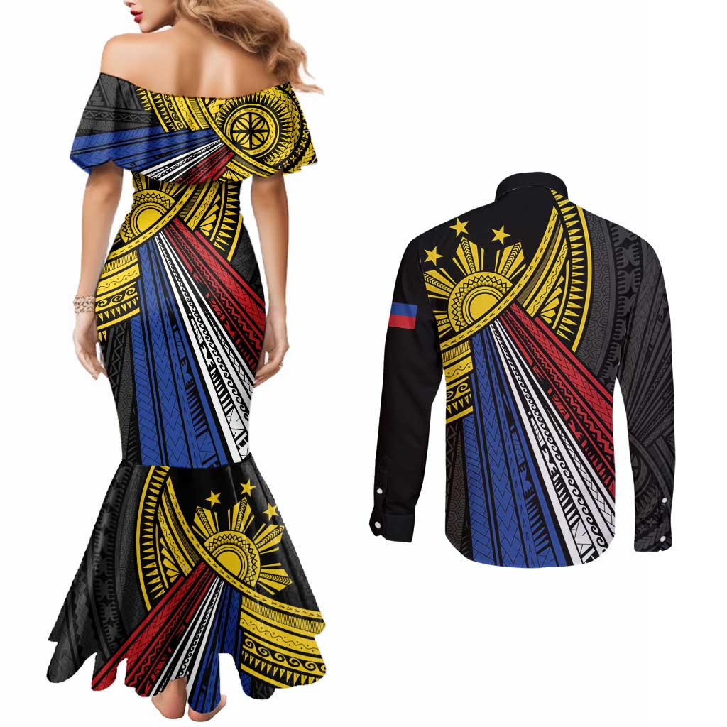 Philippines Sun Couples Matching Mermaid Dress and Long Sleeve Button Shirt Pasifika Tribal Style