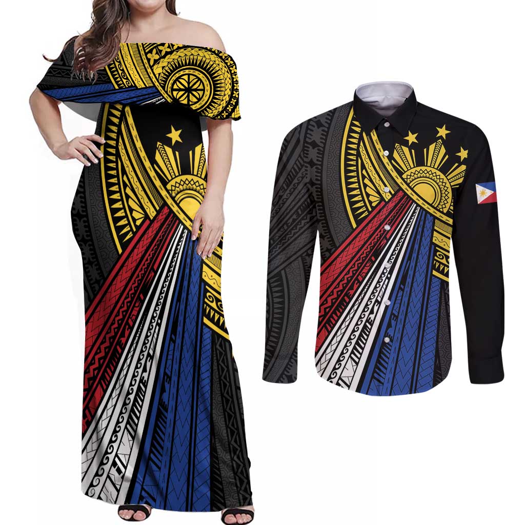 Philippines Sun Couples Matching Off Shoulder Maxi Dress and Long Sleeve Button Shirt Pasifika Tribal Style