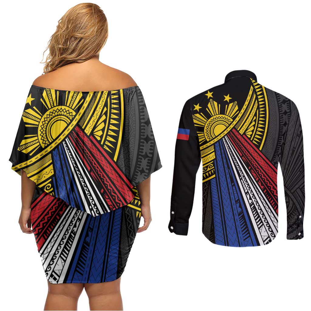 Philippines Sun Couples Matching Off Shoulder Short Dress and Long Sleeve Button Shirt Pasifika Tribal Style