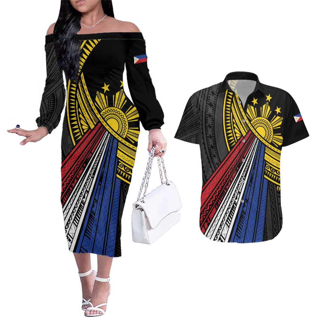 Philippines Sun Couples Matching Off The Shoulder Long Sleeve Dress and Hawaiian Shirt Pasifika Tribal Style