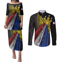 Philippines Sun Couples Matching Puletasi and Long Sleeve Button Shirt Pasifika Tribal Style