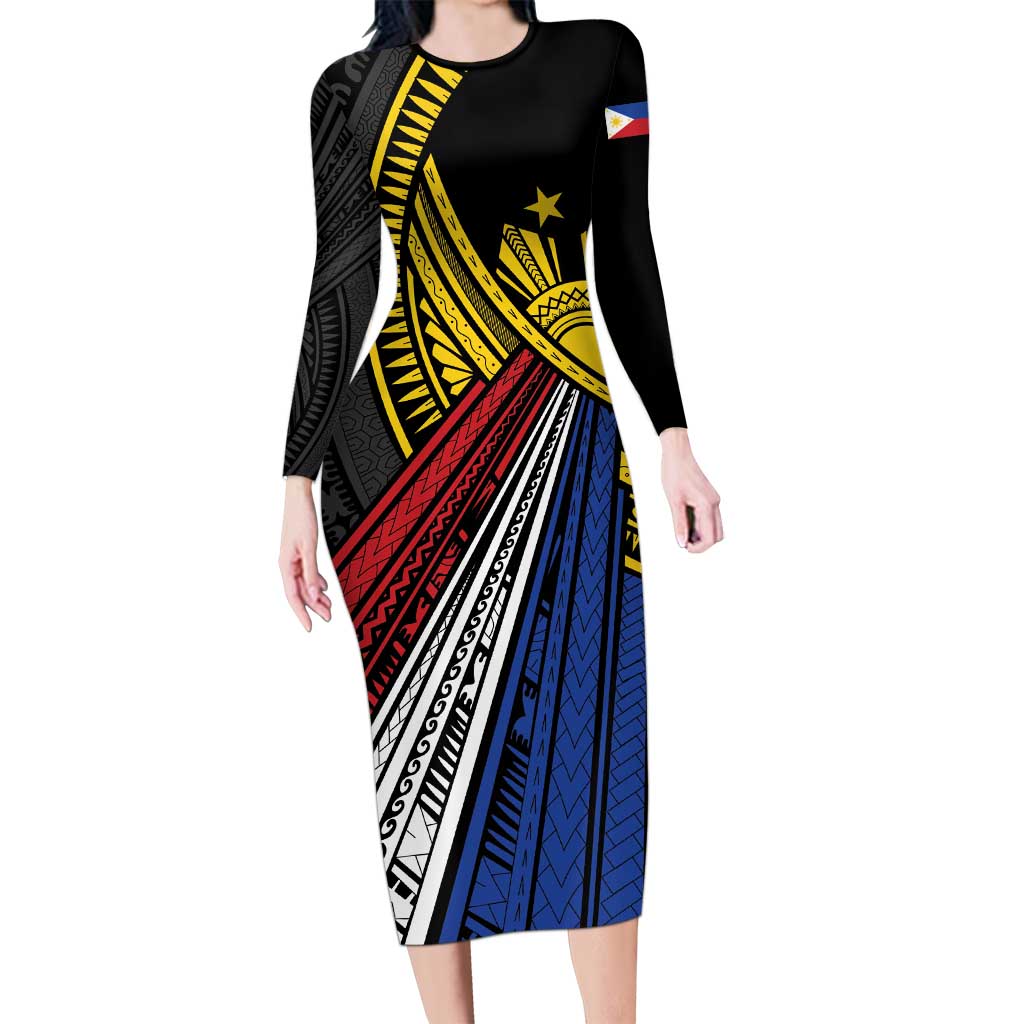 Philippines Sun Family Matching Long Sleeve Bodycon Dress and Hawaiian Shirt Pasifika Tribal Style