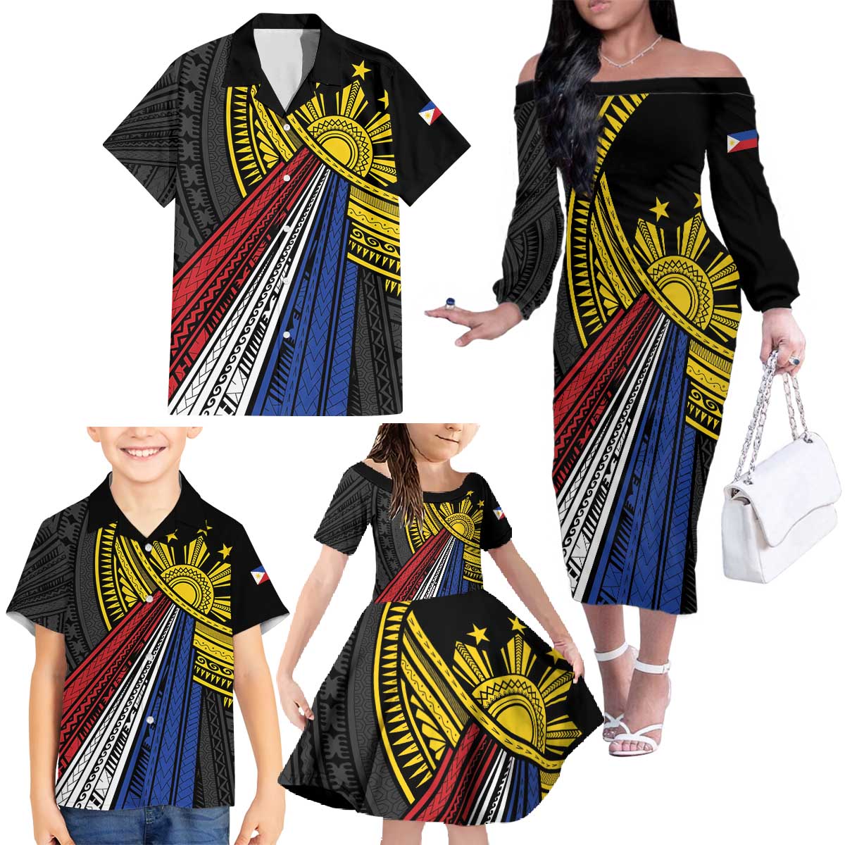 Philippines Sun Family Matching Off The Shoulder Long Sleeve Dress and Hawaiian Shirt Pasifika Tribal Style