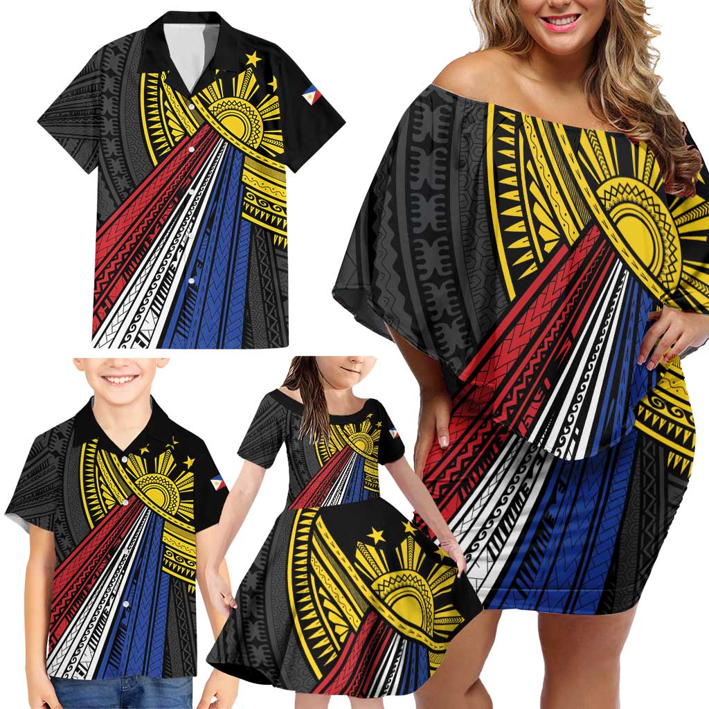Philippines Sun Family Matching Off Shoulder Short Dress and Hawaiian Shirt Pasifika Tribal Style