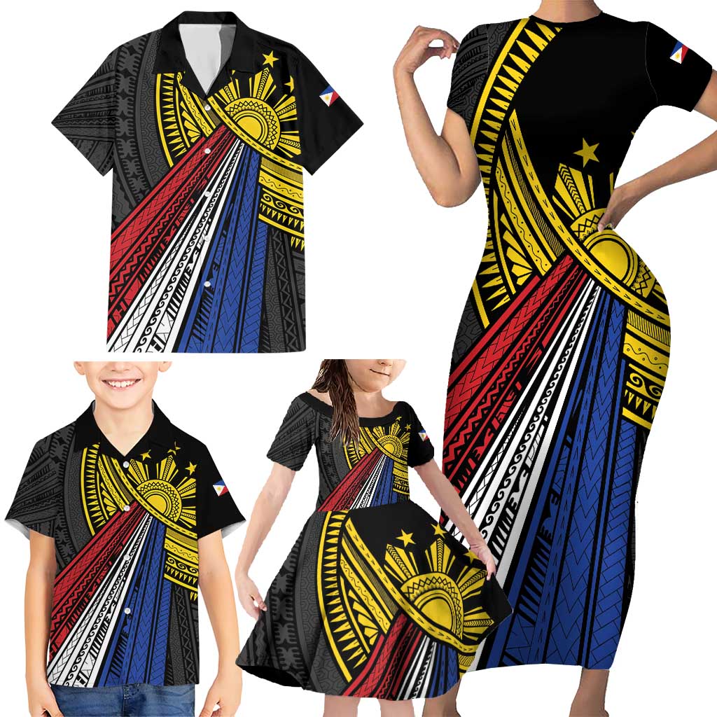 Philippines Sun Family Matching Short Sleeve Bodycon Dress and Hawaiian Shirt Pasifika Tribal Style