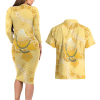 Hawaii Oahu Island Flowers Lei Couples Matching Long Sleeve Bodycon Dress and Hawaiian Shirt Yellow Ilima Mix Plumeria