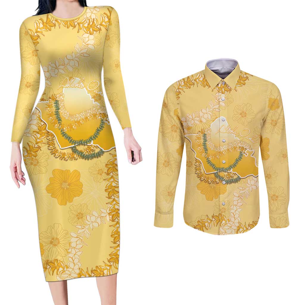 Hawaii Oahu Island Flowers Lei Couples Matching Long Sleeve Bodycon Dress and Long Sleeve Button Shirt Yellow Ilima Mix Plumeria