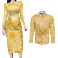 Hawaii Oahu Island Flowers Lei Couples Matching Long Sleeve Bodycon Dress and Long Sleeve Button Shirt Yellow Ilima Mix Plumeria