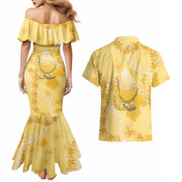 Hawaii Oahu Island Flowers Lei Couples Matching Mermaid Dress and Hawaiian Shirt Yellow Ilima Mix Plumeria